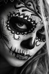 Naklejka premium very beautiful woman with dia de los muertos skull makeup in black and white, detailed, elegant