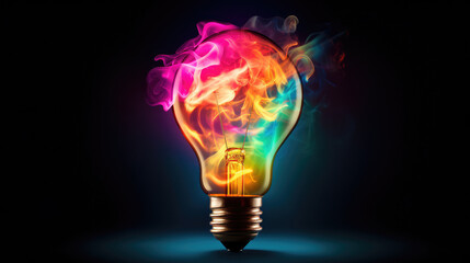 Energy saving lightbulb with colorful smoke and fire on black background, generative ai