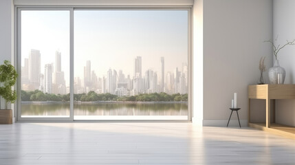 Fototapeta premium interior of modern bright room with white walls, tiled floor, wooden floor and window with city view., generative ai