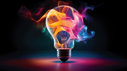 Glowing lightbulb with colorful smoke inside,, generative ai