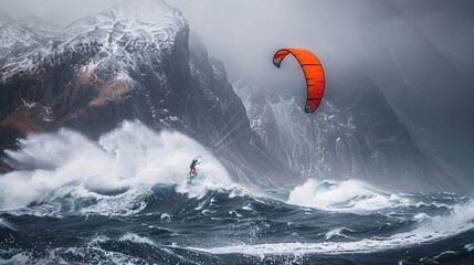 Elderly man kite surfing near a rocky coastline with powerful waves crashing Stock Photo with copy space