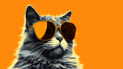 Cat wearing sunglasses on a orange background., generative ai