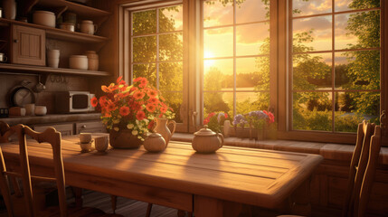 wooden kitchen table with windows, sunshine, sunrise., generative ai
