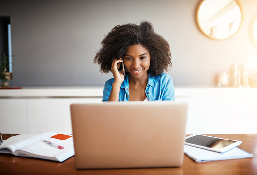 Woman, business and phone call or listen in home, African entrepreneur and laptop with virtual client chat. Happy, smile and email discussion for startup project, deal negotiation and apartment