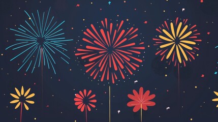 Naklejka premium Vibrant fireworks exploding in the night sky with colorful patterns creating a festive celebratory atmosphere against a dark backdrop.