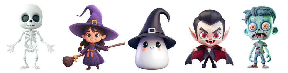 Set of Halloween characters, ghost, witch, skeleton, zombie and vampire in 3d cartoon style