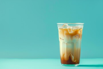 Minimalistic close up ice coffee on plain packground with copy space.