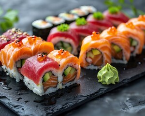 Exquisite Assorted Sushi Rolls with Tuna, Salmon, and Avocado on Slate Platter with Soy Sauce and Wasabi - Elegant Japanese Cuisine Delight