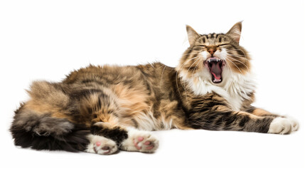 Fototapeta premium Full body shot of Norwegian Forest Cat cat yawning. white background, isolated.