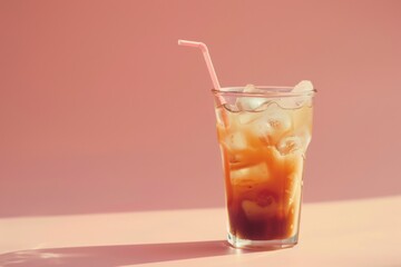 Fototapeta premium Minimalistic close up ice coffee on plain packground with copy space.