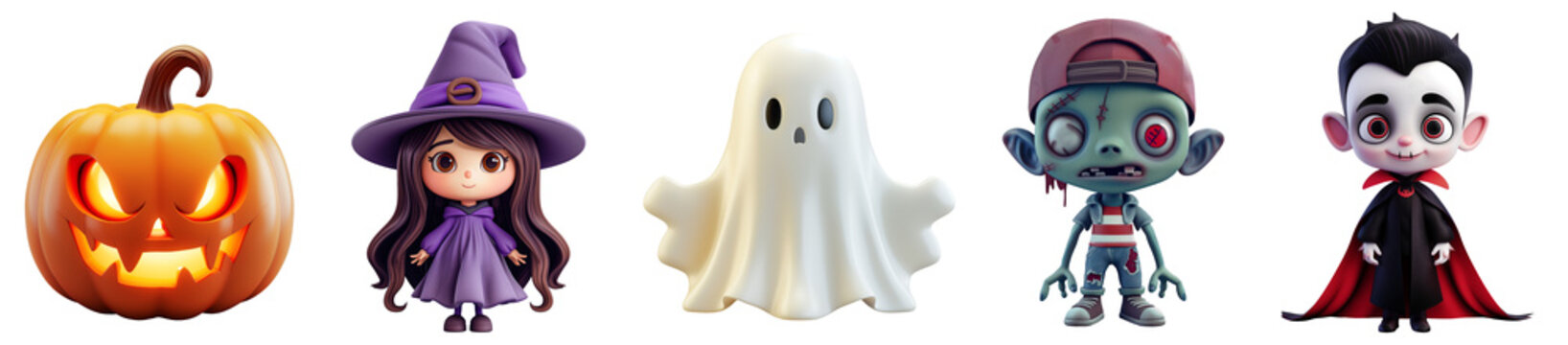 Halloween characters, ghost, witch, pumpkin with carved face, zombie and vampire in 3d cartoon style