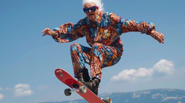 Elderly woman performing a snowboard trick mid-air against a backdrop of blue sky and mountains Stock Photo with copy space