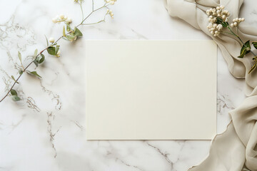 White Card Mockup With Floral Decor on Marble