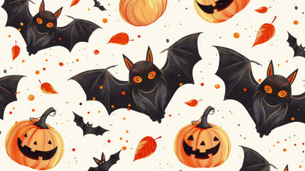 Fototapeta premium Pattern with Halloween pumpkin and bats on white background. Jack-o-Lantern