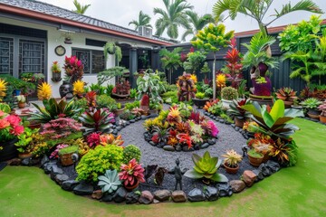 Obraz premium Vibrant garden with colorful flowerbeds and green lawn around a modern house, captured on a sunny day, showcasing lush plants and flowers