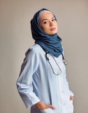 Doctor, asian women face photoshoot, with hijab, without glases, Hyper realistic