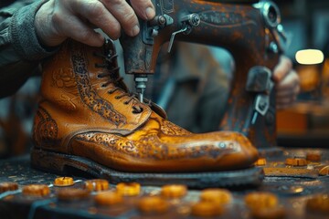 This image captures a close-up view of a skilled craftsman's hands working on intricate leather boot detailing, using a vintage sewing machine in a workshop setting.