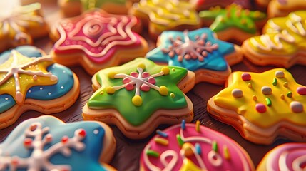 Obraz premium A variety of colorful, intricately decorated sugar cookies in festive shapes, perfect for holiday celebrations and cheerful gatherings.