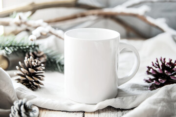 White Mug Mockup With Pine Cones