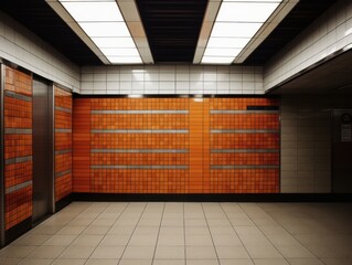 3d render of underground passage with orange brick wall and tiled floor