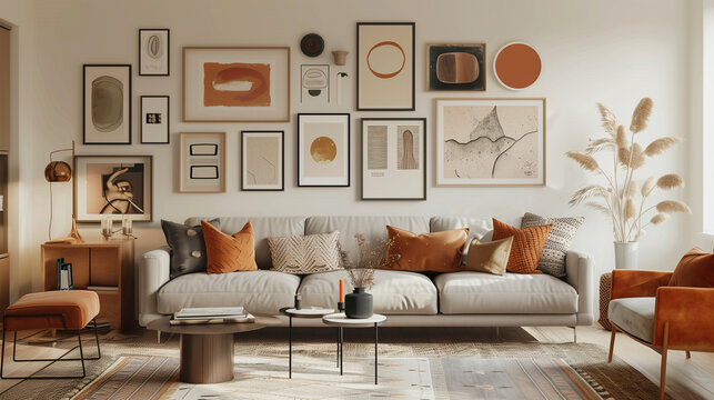 A modern living room featuring a gallery wall with eclectic framed art pieces, cozy furniture, and warm lighting.