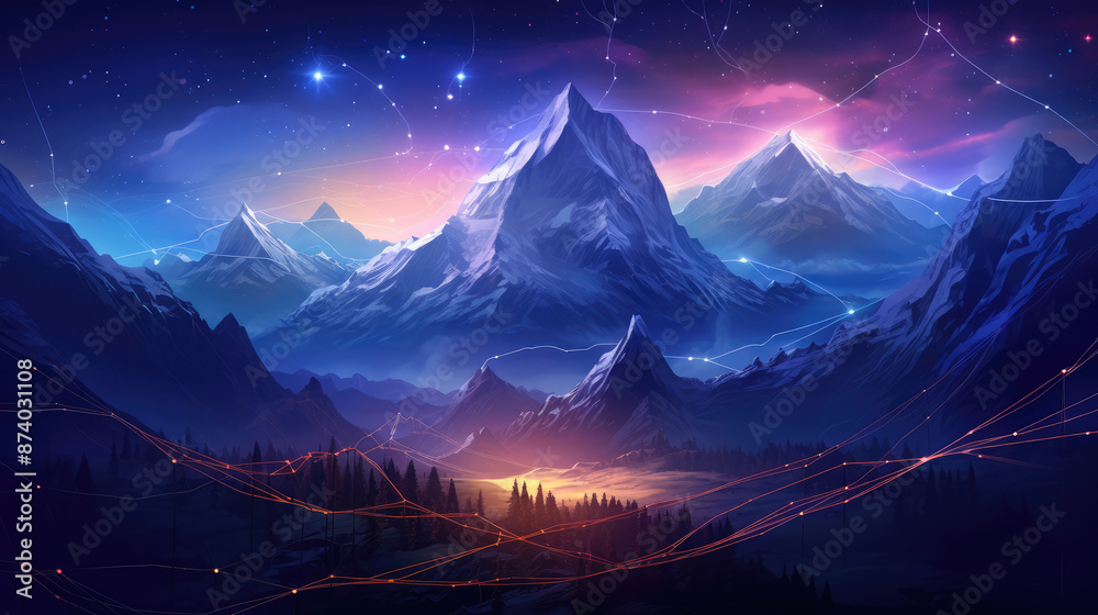 Wall mural mountain landscape with glowing lights and connection lines., generative ai