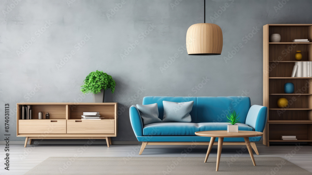 Wall mural interior of modern living room with blue sofa, wooden coffee table, bookshelf and nightstand., gener