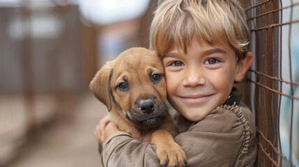 A young boy smiles brightly as he cradles a puppy in his arms at an animal shelter