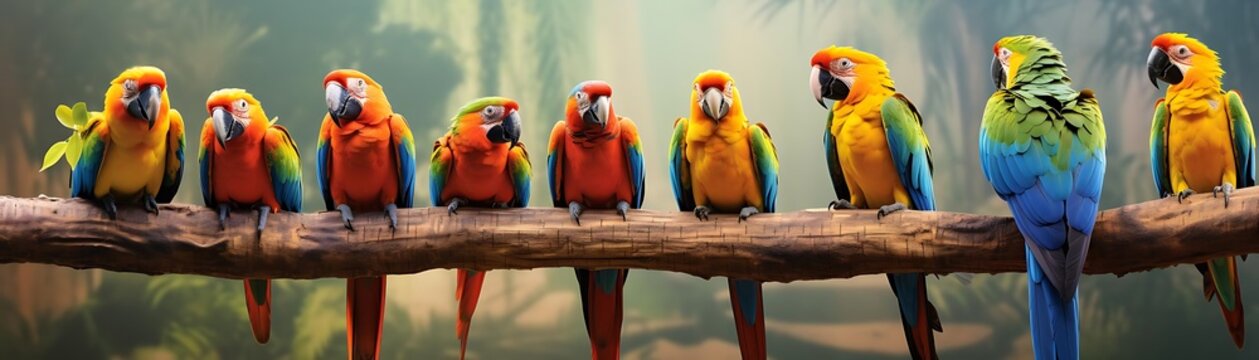 Colorful Macaws Perched on a Branch in a Tropical Forest