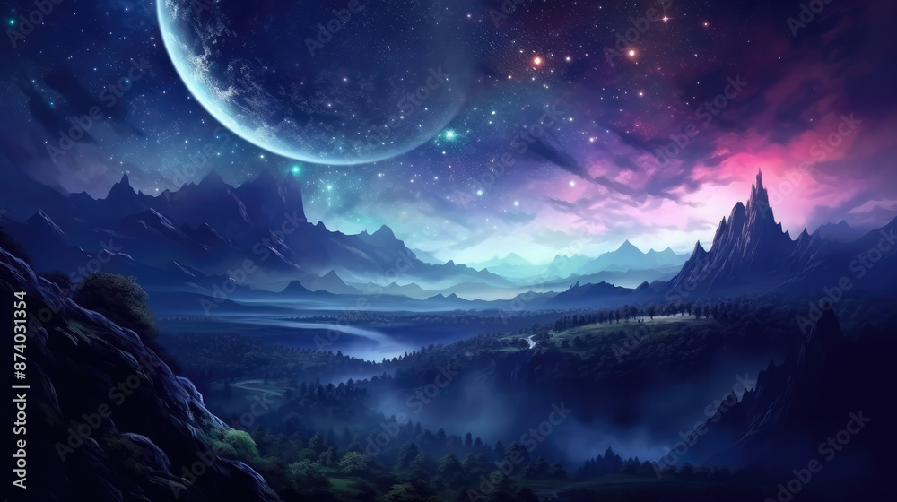Canvas Prints fantasy landscape on the background of the night sky., generative ai