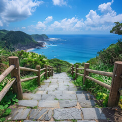 Naklejka premium The long stone steps lead to the sea, with green plants on both sides of them and wooden railings in front.
