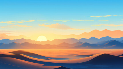 Obraz premium Sunset landscape of blue and yellow sand dunes with mountain and sky., generative ai