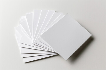 Stack of blank white cards fanned out on a light background, ready for writing or design, emphasizing simplicity.
