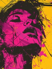 Colorful multicolored portrait in comic style of young woman. Visualization of female orgasm. Emotion of pleasure and enjoyment.