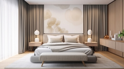 Bedroom with comfortable bed and soft white mattress in hotel., generative ai