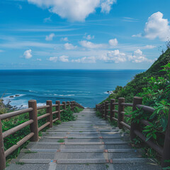 Fototapeta premium The long stone steps lead to the sea, with green plants on both sides of them and wooden railings in front.