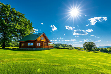 Obraz premium A cozy wooden house in a lush green field under a bright blue sky, representing a serene and beautiful country life.
