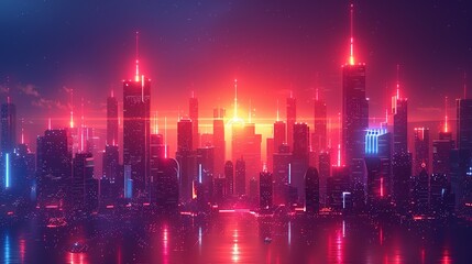Design a futuristic cityscape with abstract shapes and neon lights, emphasizing innovation and technology in urban environments. Illustration, Image, , Minimalism,