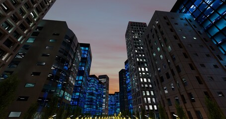 Bottom view of skyscrapers in center of the business district. Office lights and glass exterior....
