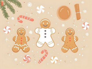 Naklejka premium Festive gingerbread cookies and candy canes on a beige background, perfect for holiday-themed designs and Christmas celebrations.