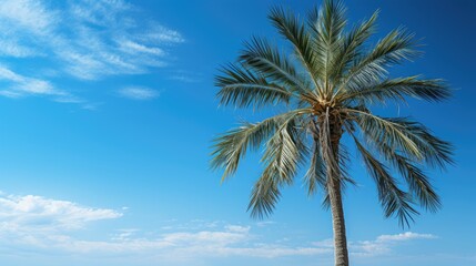 a palm tree is shown against a blue sky.