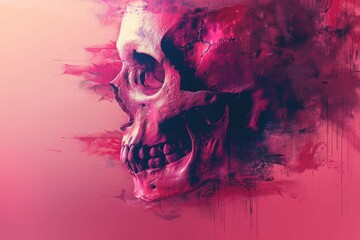 This image presents a vivid pink skull set against an abstract graffiti background, creating a bold statement with its vibrant colors and expressive design.