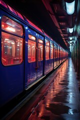 Train at the station in the night. Blue and red colors. Light from a neon light bulb reflecting on the floor