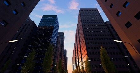 Bottom view of skyscrapers in center of the business district. Office lights and glass exterior. High-rise buildings against sunset orange and blue sky. 3D rendering.