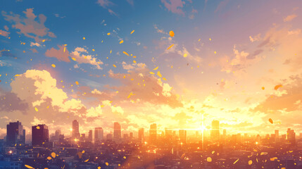 Fototapeta premium landscape city full sun and blue sky on style anime