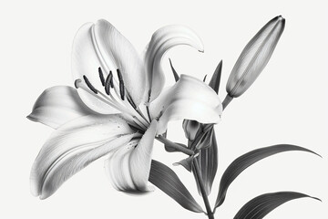 Beautiful lily flower in black and white on isolated background, shown from above. Monochrome lilies flower viewed closely