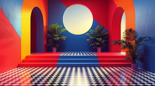 Develop a geometric composition with repetitive shapes and a bold color scheme, appealing to modern and dynamic visuals. Illustration, Image, , Minimalism,