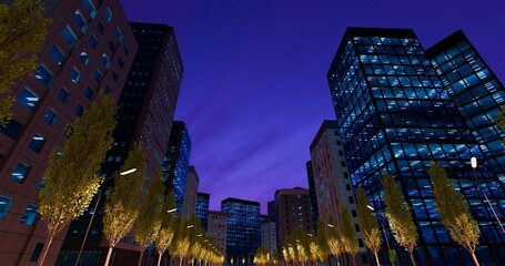 Bottom view of skyscrapers in center of the business district. Office lights and glass exterior. High-rise buildings against twilight purple sky. 3D rendering.