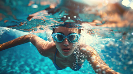 Fototapeta premium Underwater shot of female athlete swimming in pool