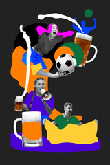 Dynamic collage of sports fans celebrating with beer, soccer balls, and cheering poses, highlighted by vibrant colors and abstract shapes. Contemporary art collage. Concept of sport event, competition